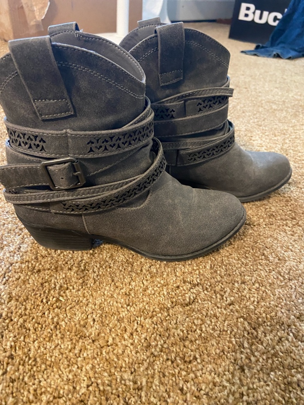 Not Rated Dark Gray Suede-Look Ankle Booties with Decorative Straps